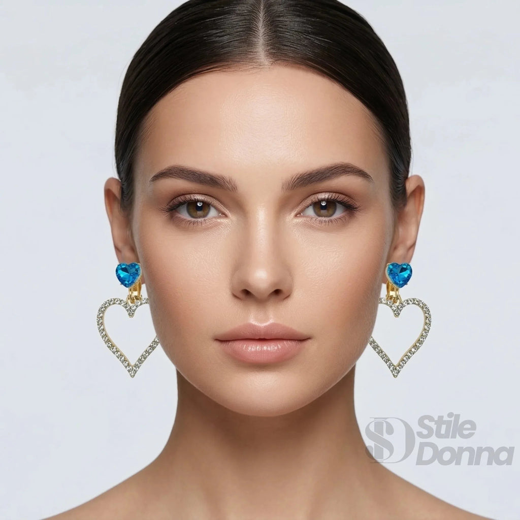 Orecchini Pendenti a Cuore con Cristallo Blu - Stile Donna Bags