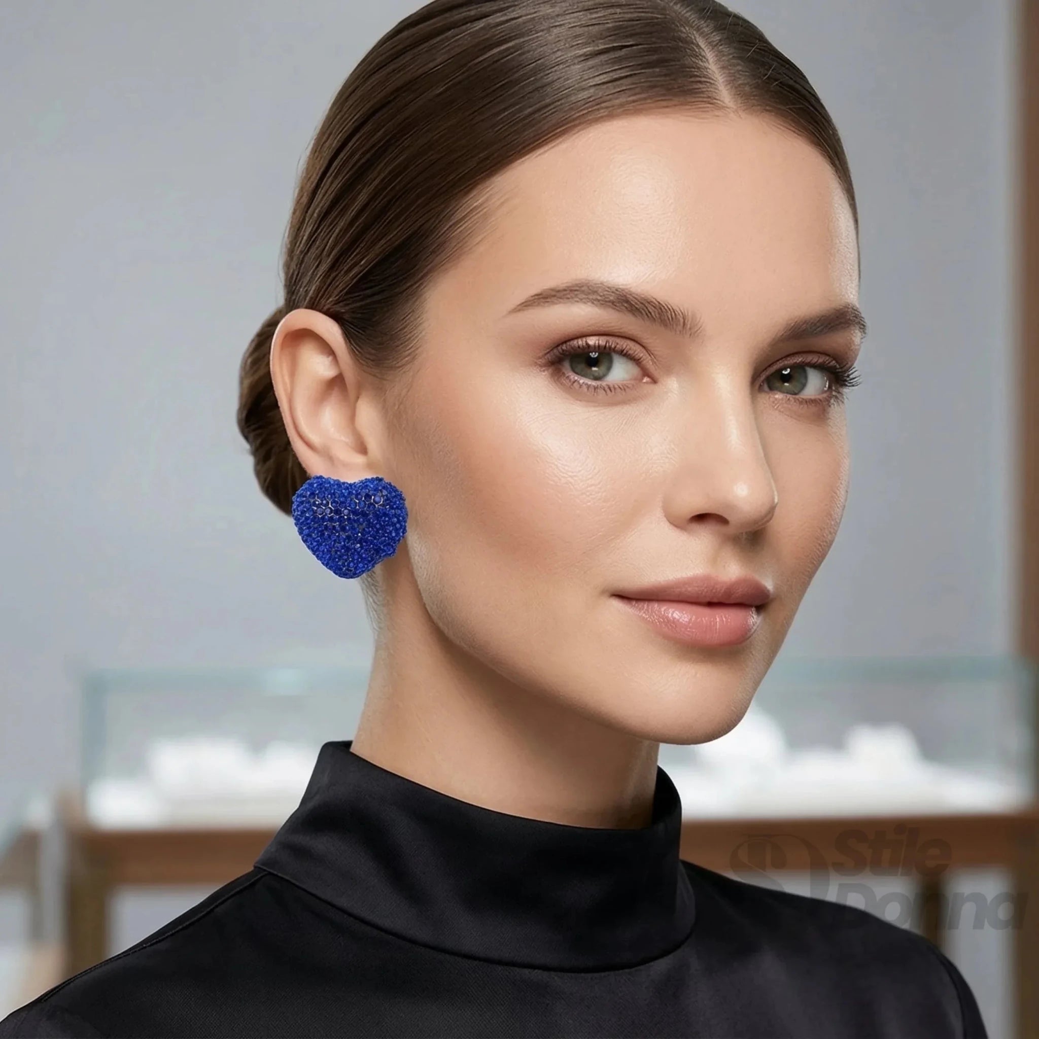 Orecchini a Perno a Cuore con Strass Blu Design a Bottone - Stile Donna Bags