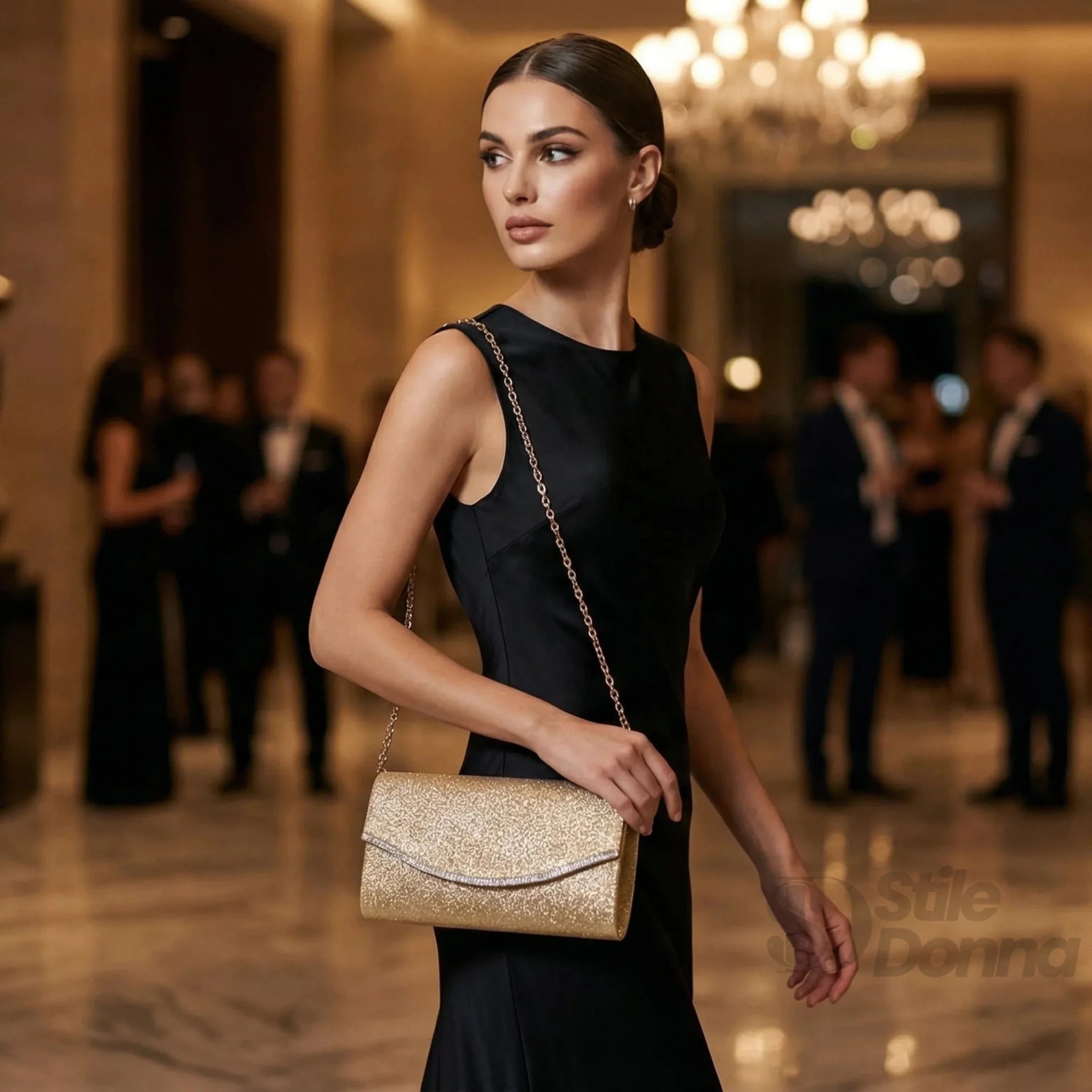 Pochette Busta in Strass Oro Scintillante per Serate Eleganti - Stile Donna Bags