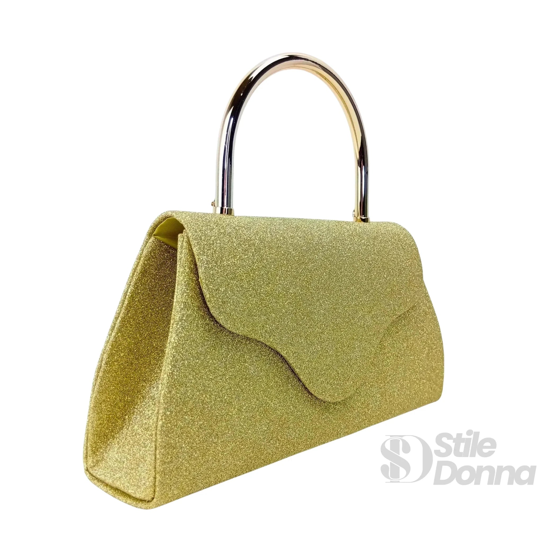 Pochette da Sera Glitter Dorata con Cristalli e Finiture Metallo - Stile Donna Bags