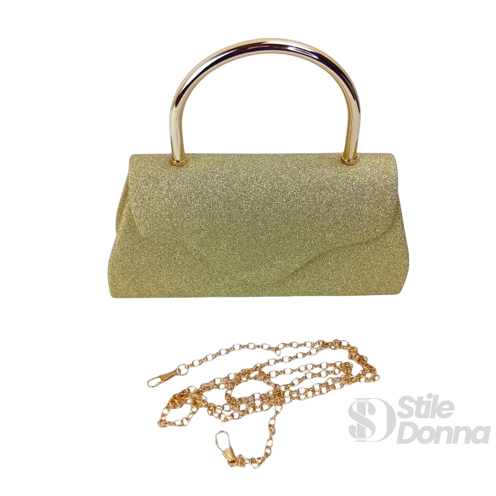 Pochette da Sera Glitter Dorata con Cristalli e Finiture Metallo - Stile Donna Bags