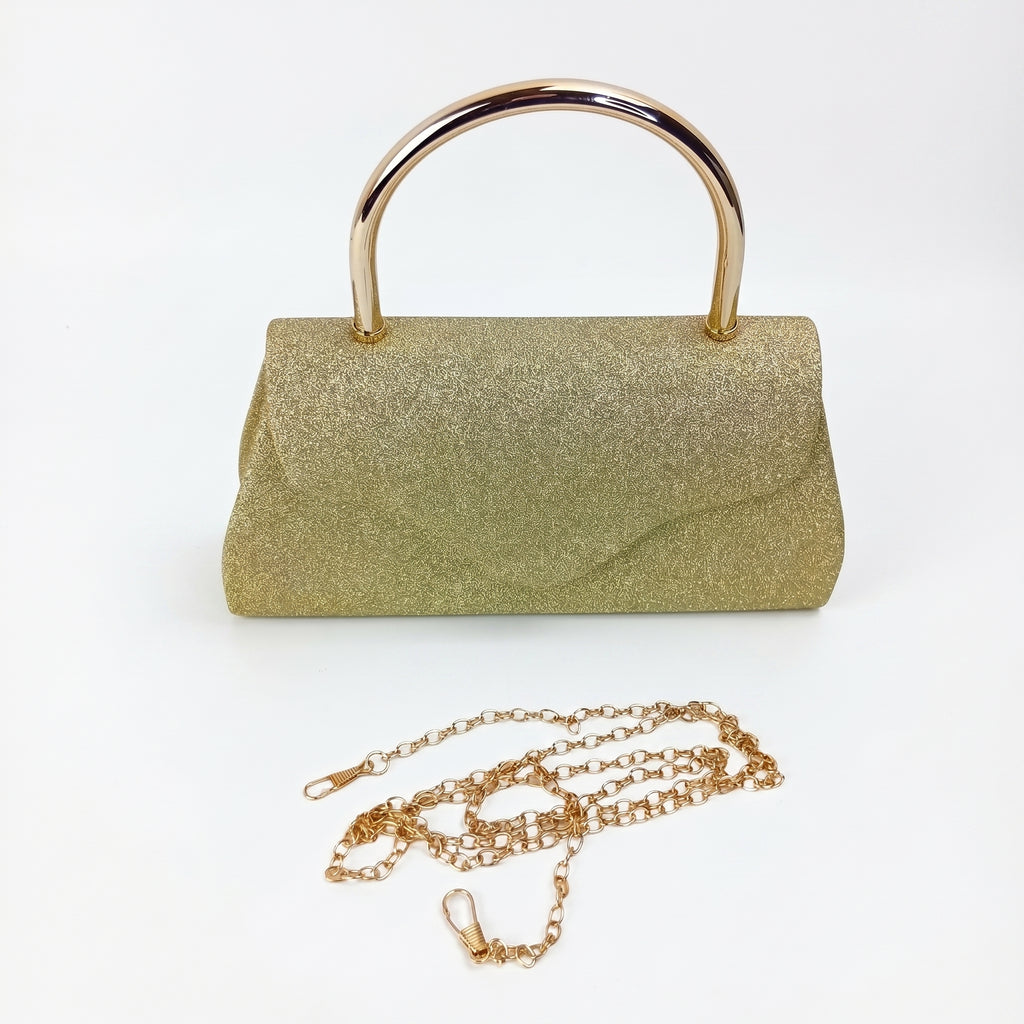 Pochette da Sera Glitter Dorata con Cristalli e Finiture Metallo - Stile Donna Bags