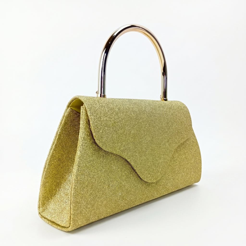 Pochette da Sera Glitter Dorata con Cristalli e Finiture Metallo - Stile Donna Bags