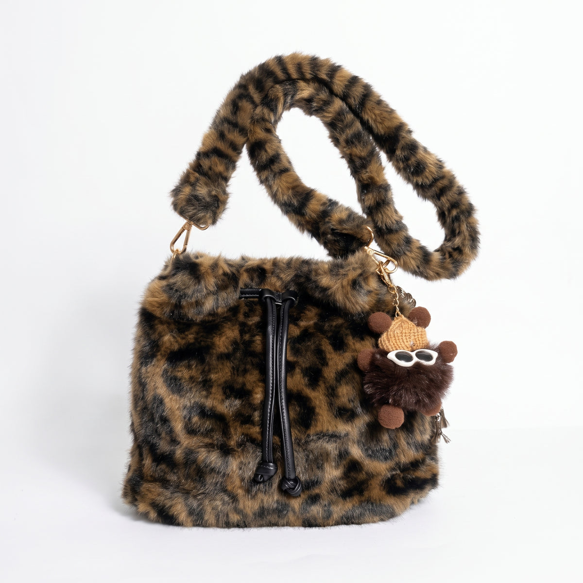 Sac Maura à imprimé léopard effet fourrure, forme seau, avec bandoulière effet fourrure
