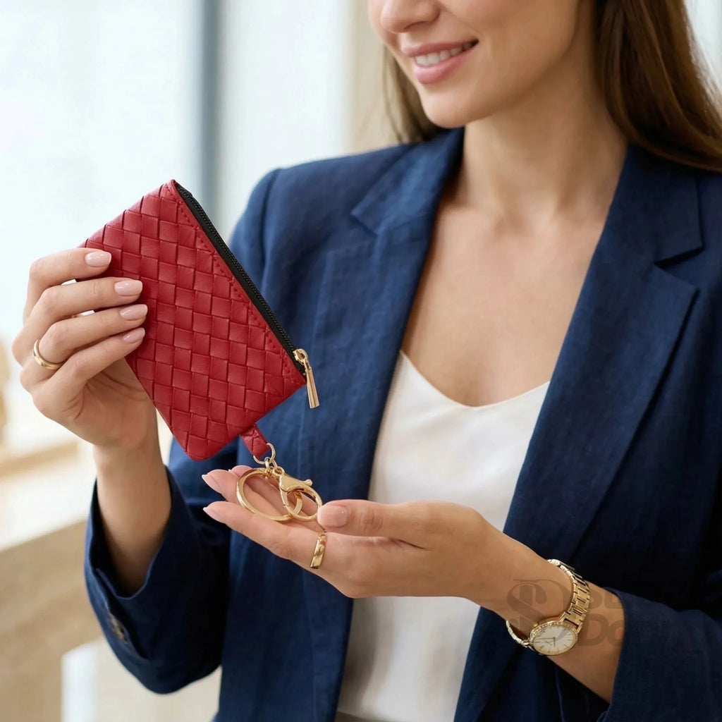 Ruby Portafoglio Portachiavi Mini Intrecciato in Ecopelle con Cerniera Oro - Stile Donna Bags