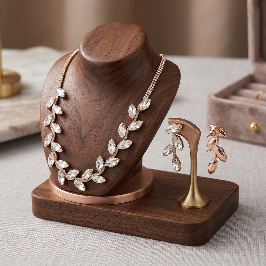 Set Collana e Orecchini Foglia d'Oro con Cristalli Brillanti - Stile Donna Bags