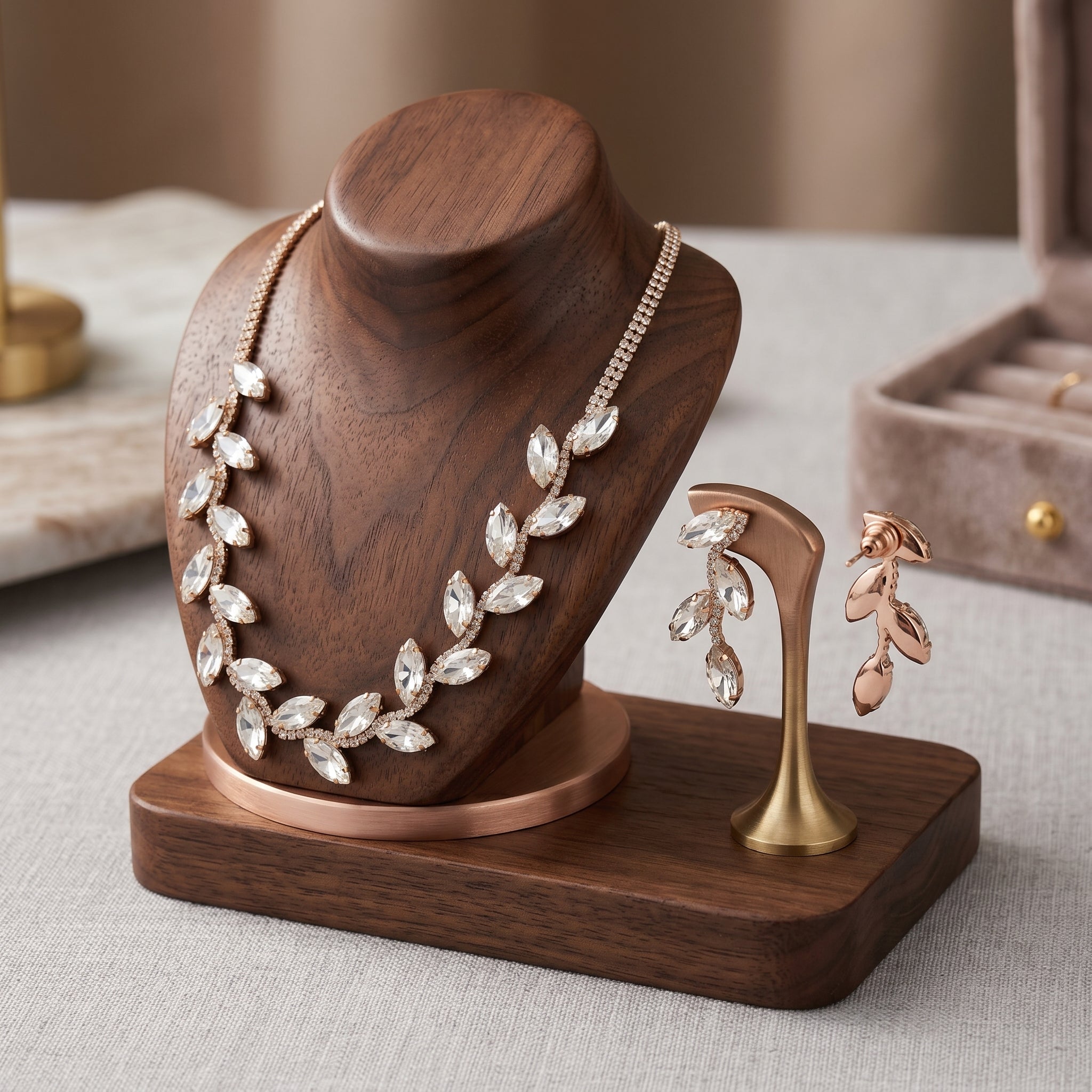 Set Collana e Orecchini Foglia d'Oro con Cristalli Brillanti - Stile Donna Bags