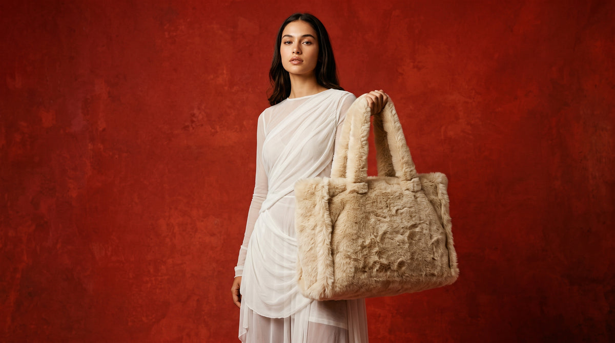 A woman carrying a beige handbag