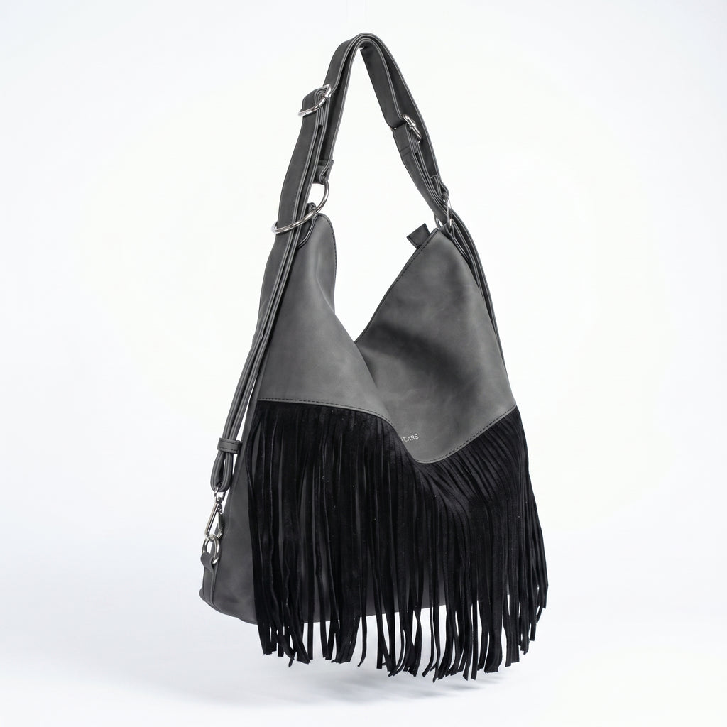 Sweet Years Borsa Hobo Grande in Ecopelle con Frange Effetto Scamosciato - Stile Donna Bags