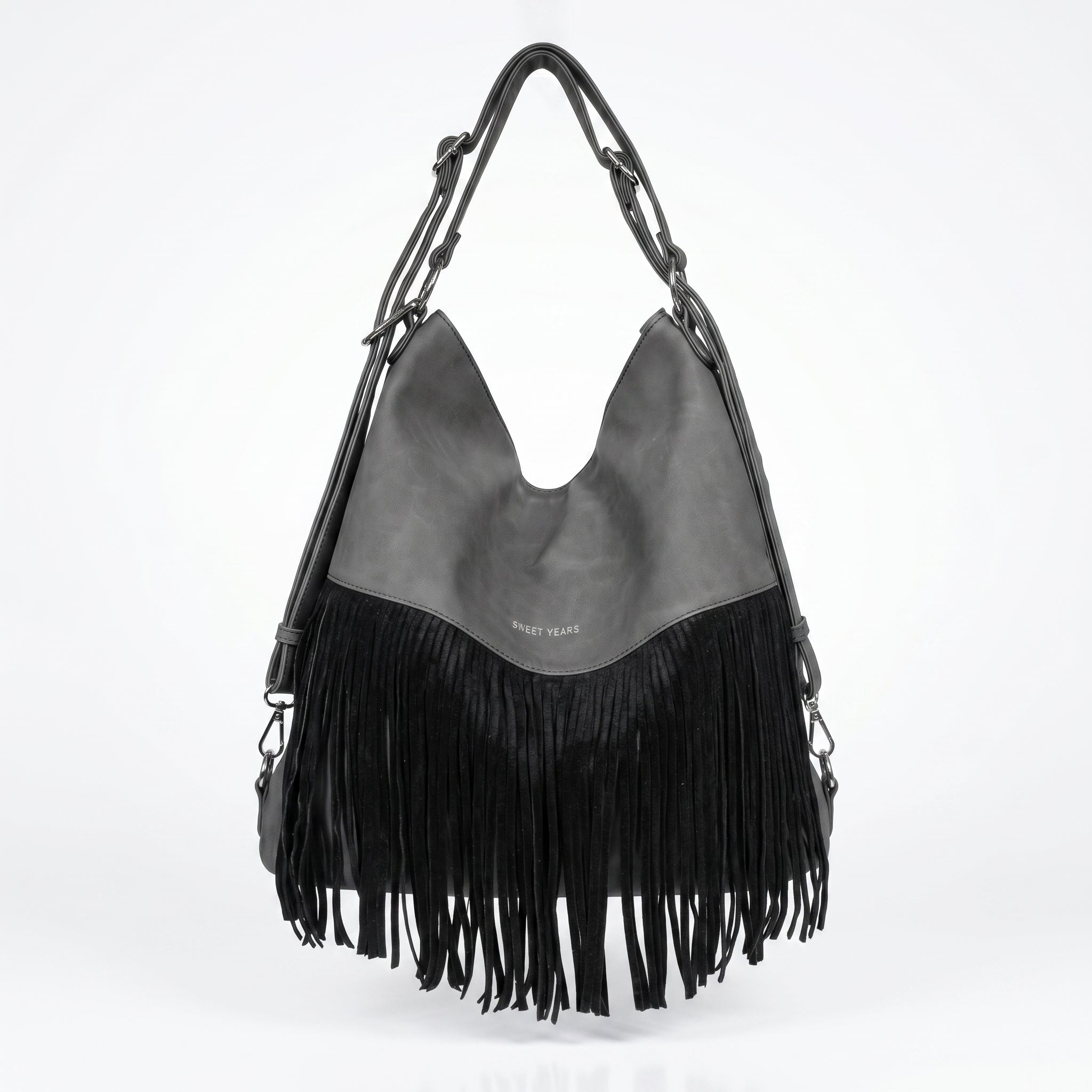 Sweet Years Borsa Hobo Grande in Ecopelle con Frange Effetto Scamosciato - Stile Donna Bags