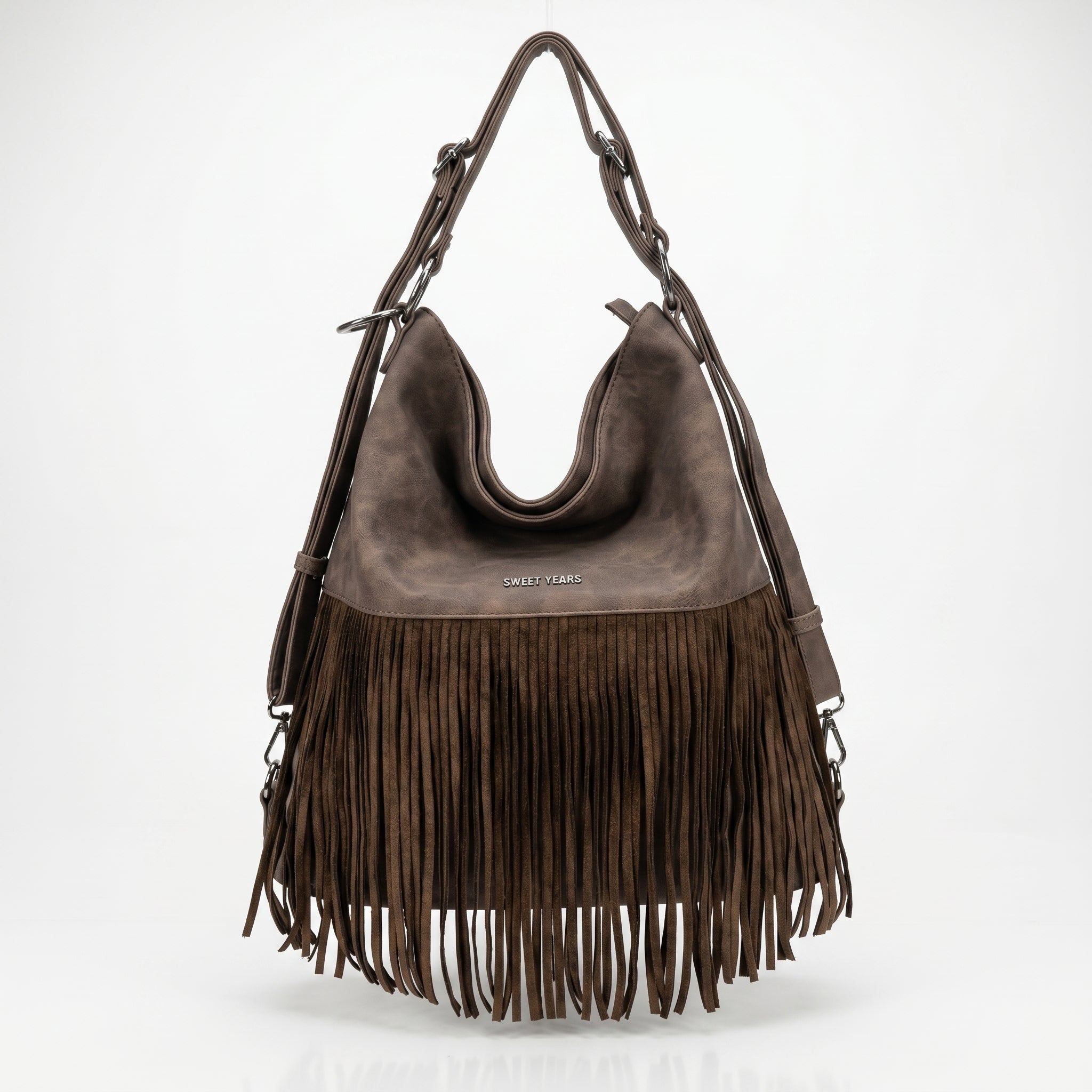 Sweet Years Borsa Hobo Grande in Ecopelle con Frange Effetto Scamosciato - Stile Donna Bags