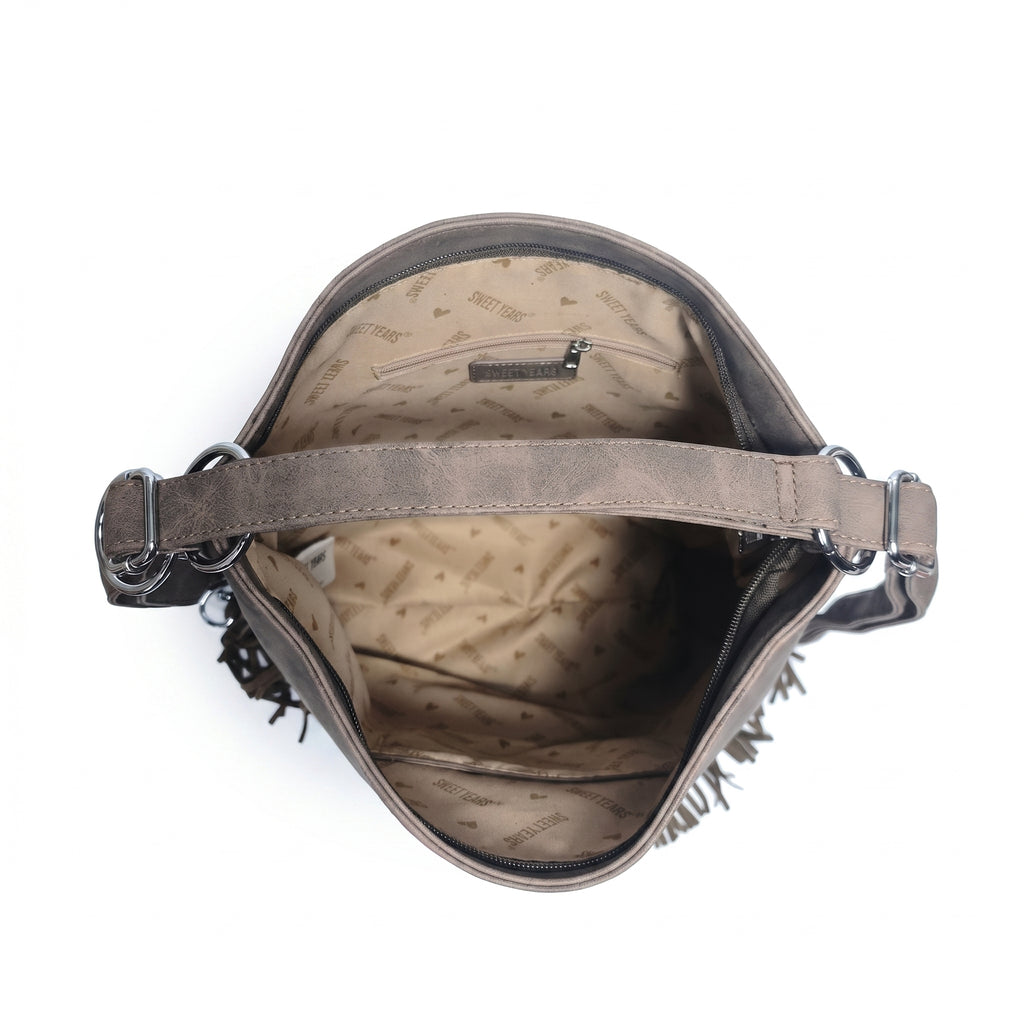 Sweet Years Borsa Hobo Grande in Ecopelle con Frange Effetto Scamosciato - Stile Donna Bags