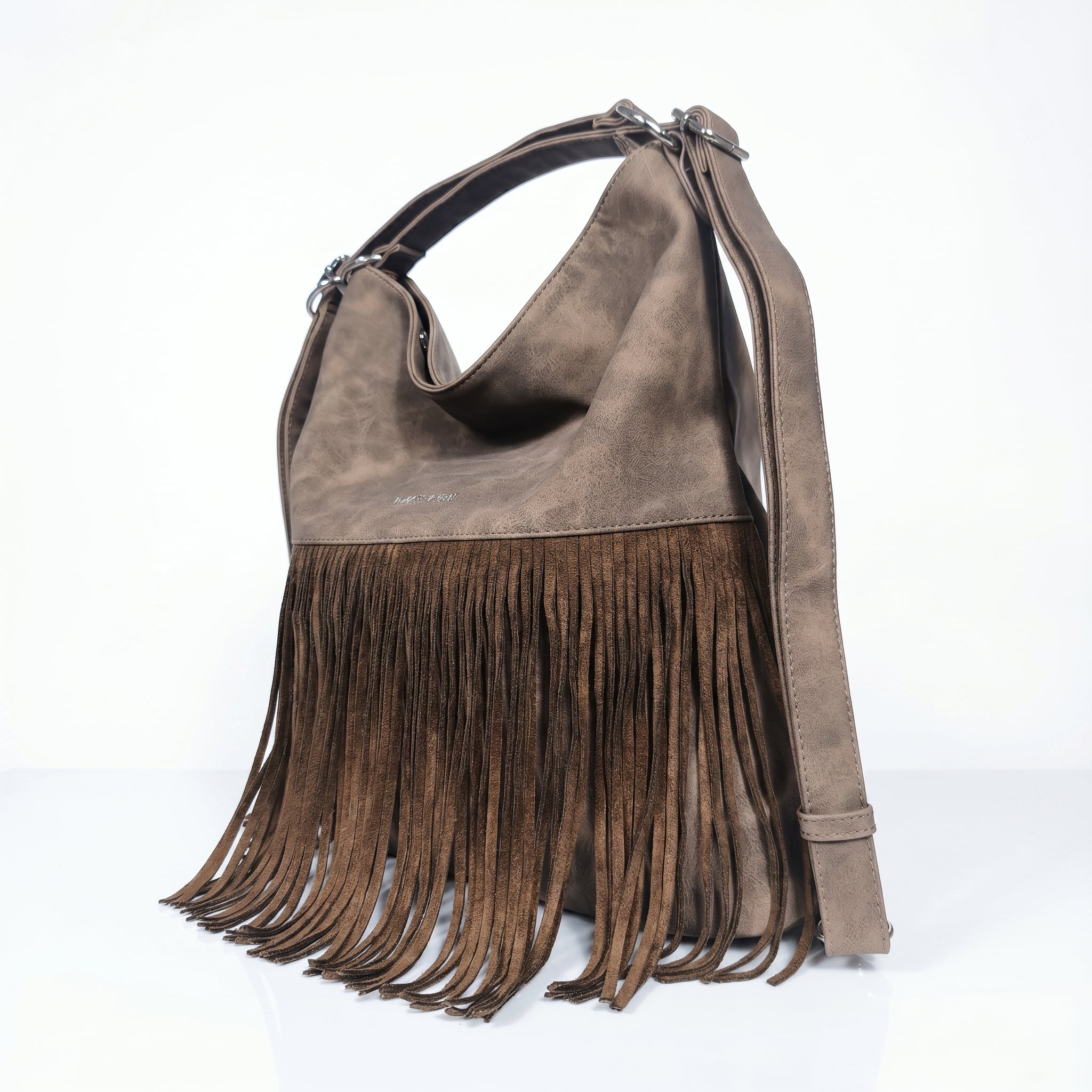 Sweet Years Borsa Hobo Grande in Ecopelle con Frange Effetto Scamosciato - Stile Donna Bags