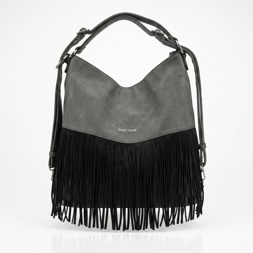 Sweet Years Borsa Hobo Grande in Ecopelle con Frange Effetto Scamosciato - Stile Donna Bags