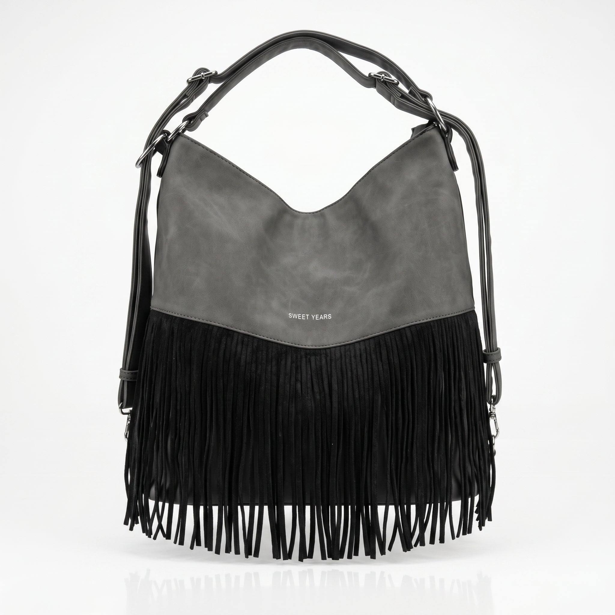 Sweet Years Borsa Hobo Grande in Ecopelle con Frange Effetto Scamosciato - Stile Donna Bags