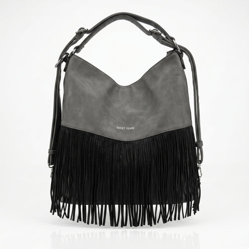 Sweet Years Borsa Hobo Grande in Ecopelle con Frange Effetto Scamosciato - Stile Donna Bags