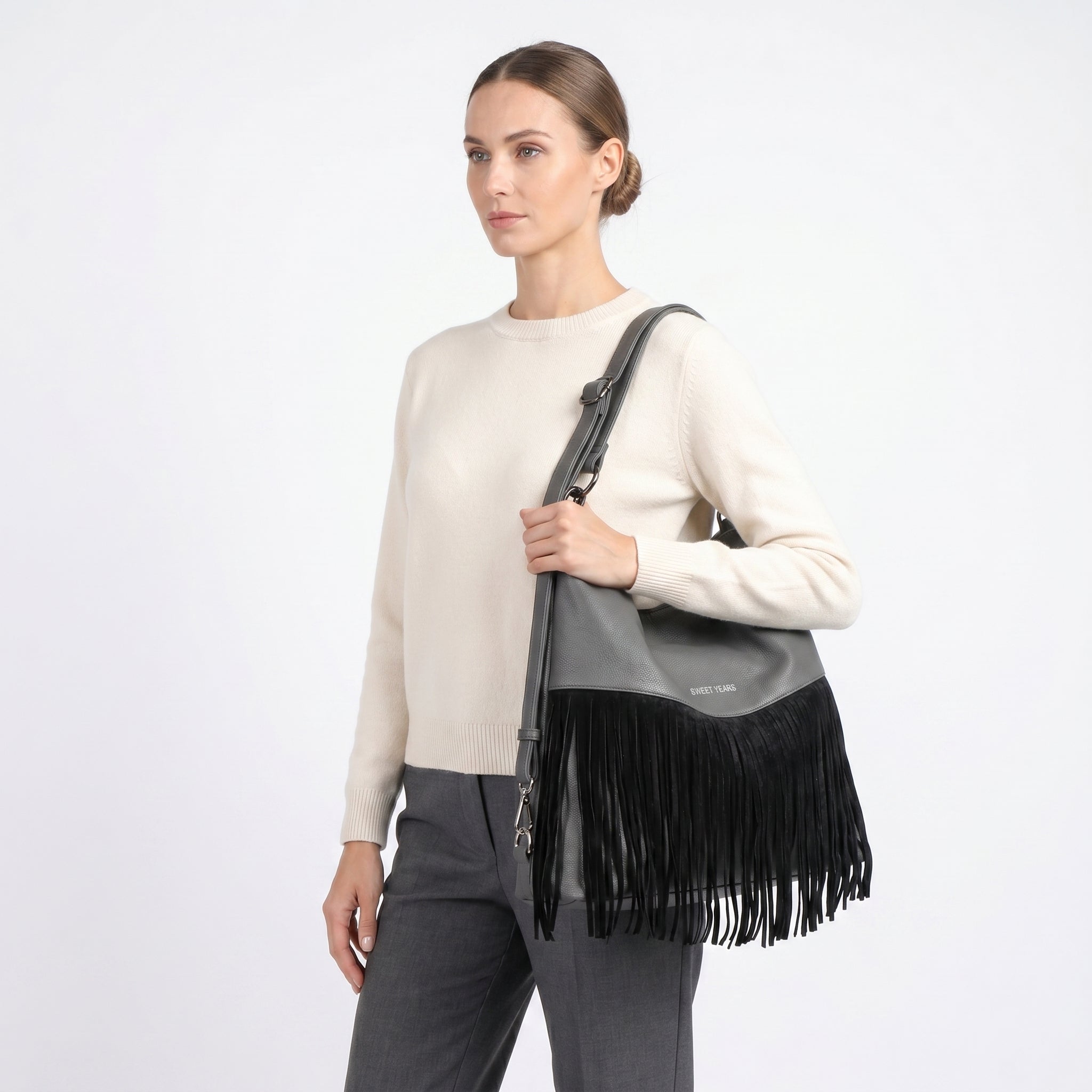 Sweet Years Borsa Hobo Grande in Ecopelle con Frange Effetto Scamosciato - Stile Donna Bags