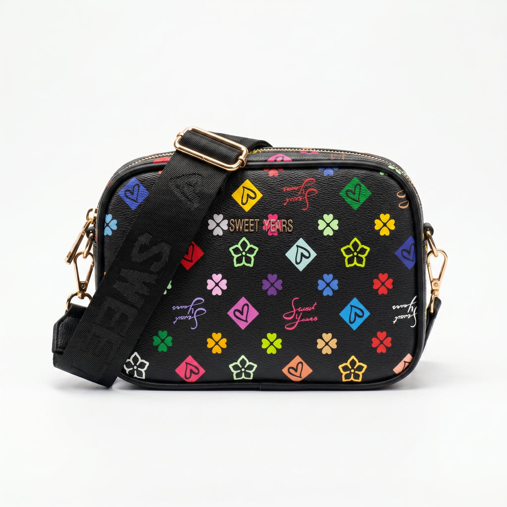 Sweet Years Borsa a Tracolla Camera Bag in Ecopelle con Stampa Monogram Multicolore - Stile Donna Bags