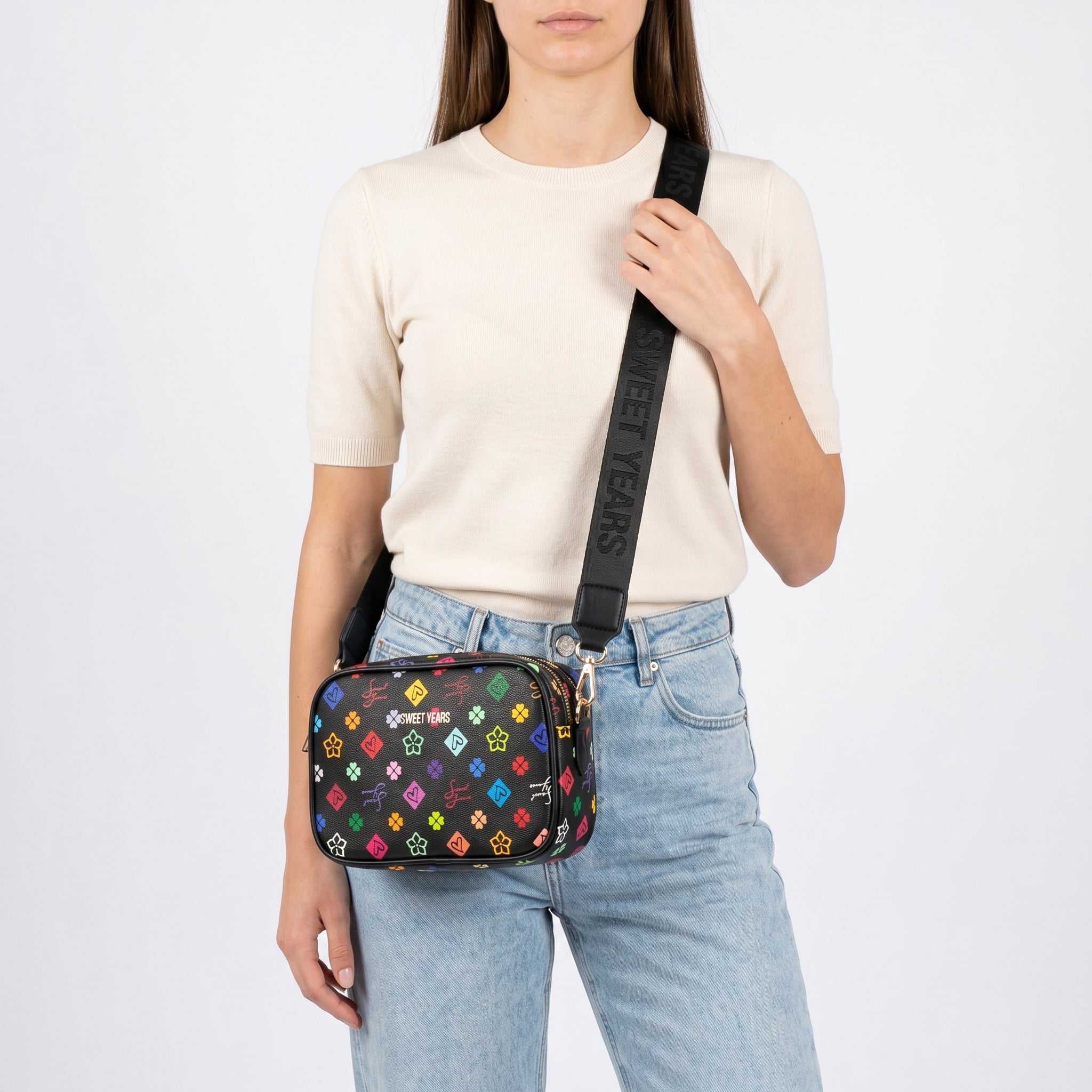 Sweet Years Borsa a Tracolla Camera Bag in Ecopelle con Stampa Monogram Multicolore - Stile Donna Bags