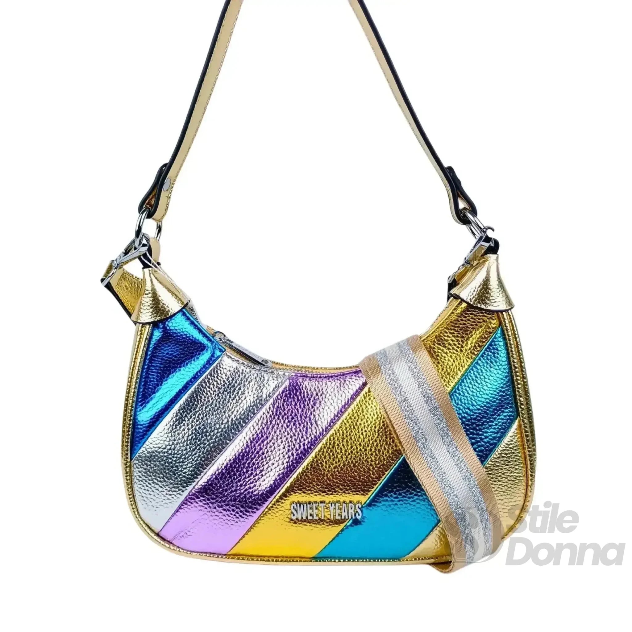 Sweet Years Borsa a Tracolla Righe Rainbow Metallic in Ecopelle - Stile Donna Bags