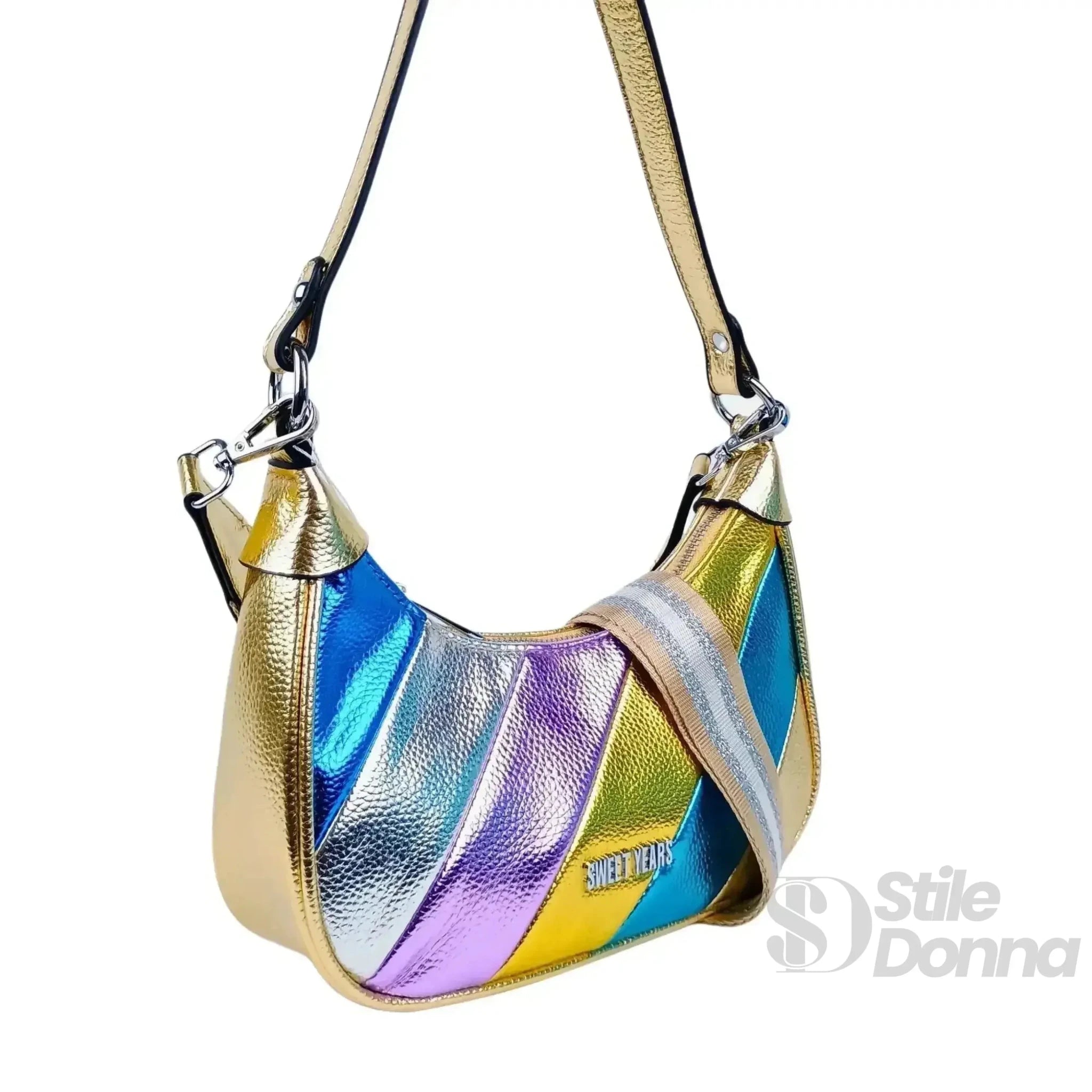 Sweet Years Borsa a Tracolla Righe Rainbow Metallic in Ecopelle - Stile Donna Bags