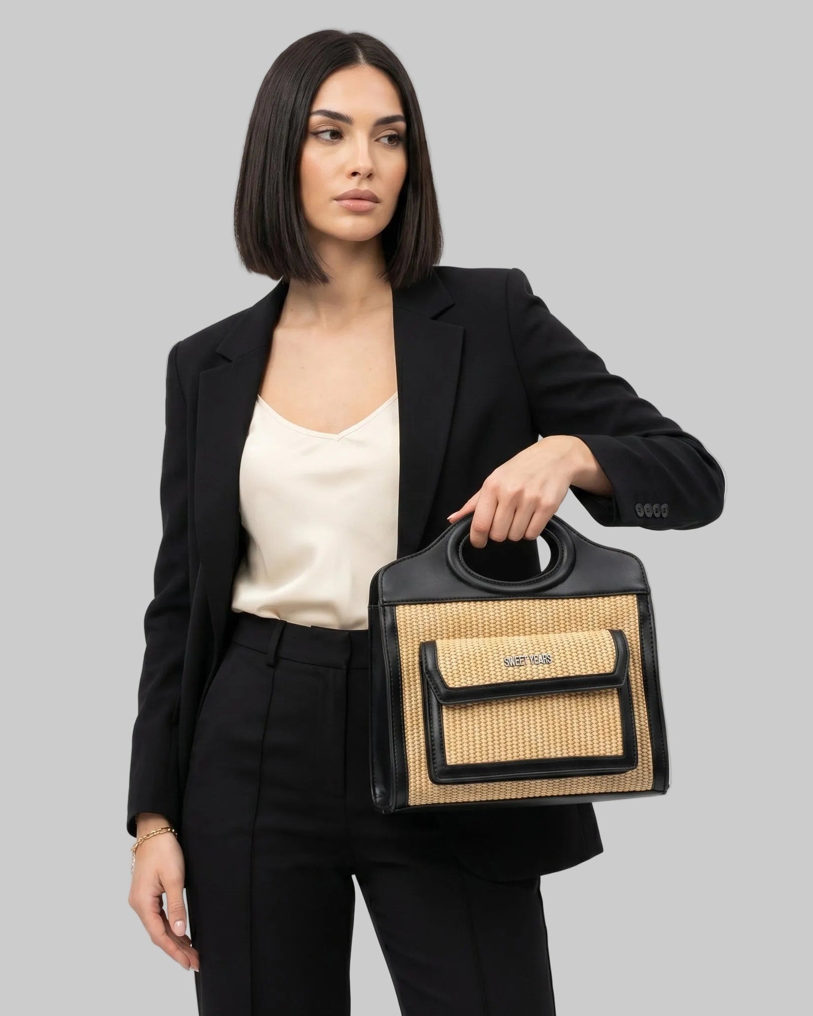 Sweet Years Borsa Shopping in Tessuto Intrecciato ed Ecopelle con Tasca Frontale - Stile Donna Bags