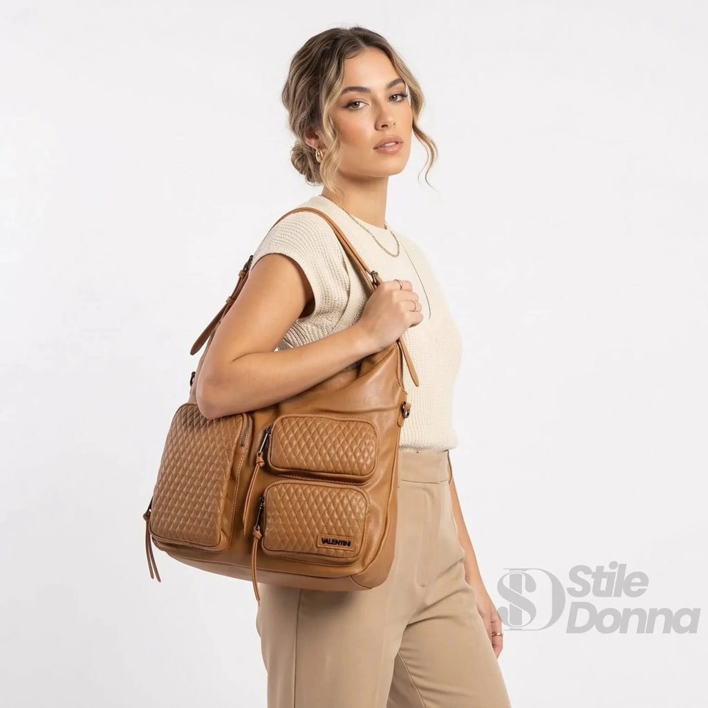 Valentini Borsa Hobo in Ecopelle Marrone con Finiture Argentate - Stile Donna Bags