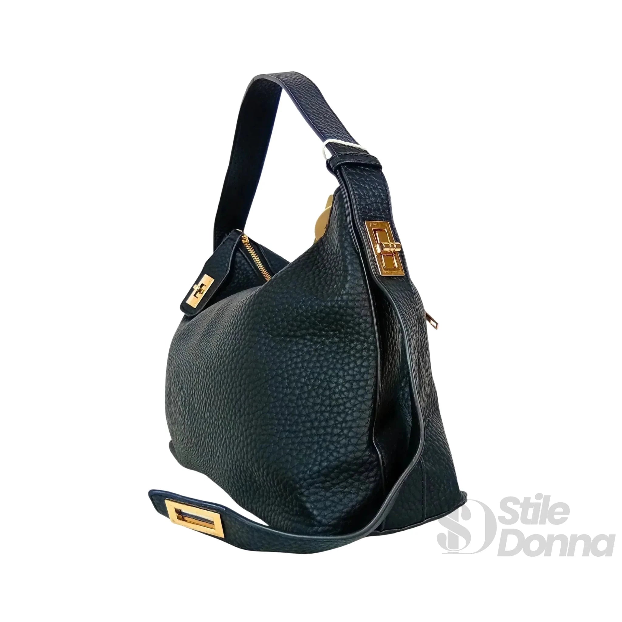 Valentini Borsa Hobo in Ecopelle Nera con Finiture Dorate - Stile Donna Bags