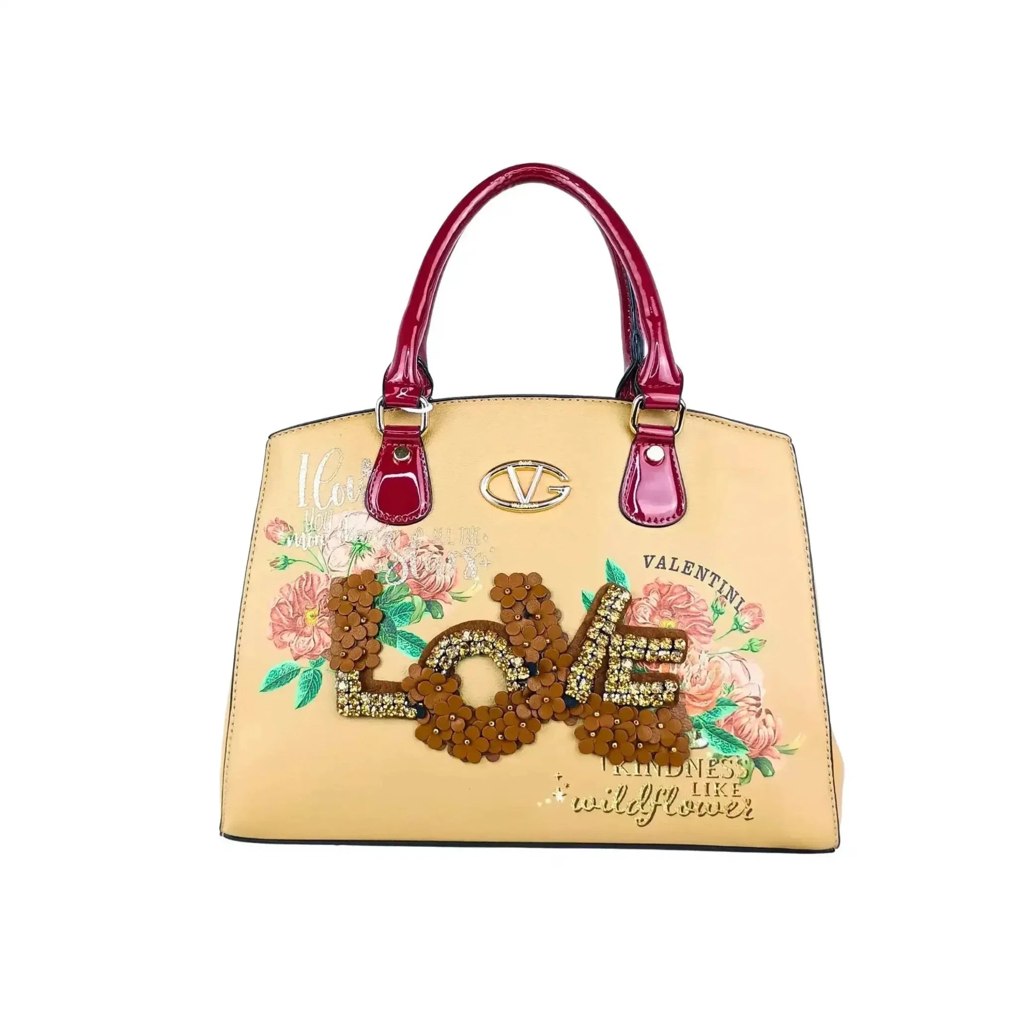 Valentini Borsa Tote in Ecopelle con Ricamo Floreale e Scritta Love in Paillettes - Stile Donna Bags