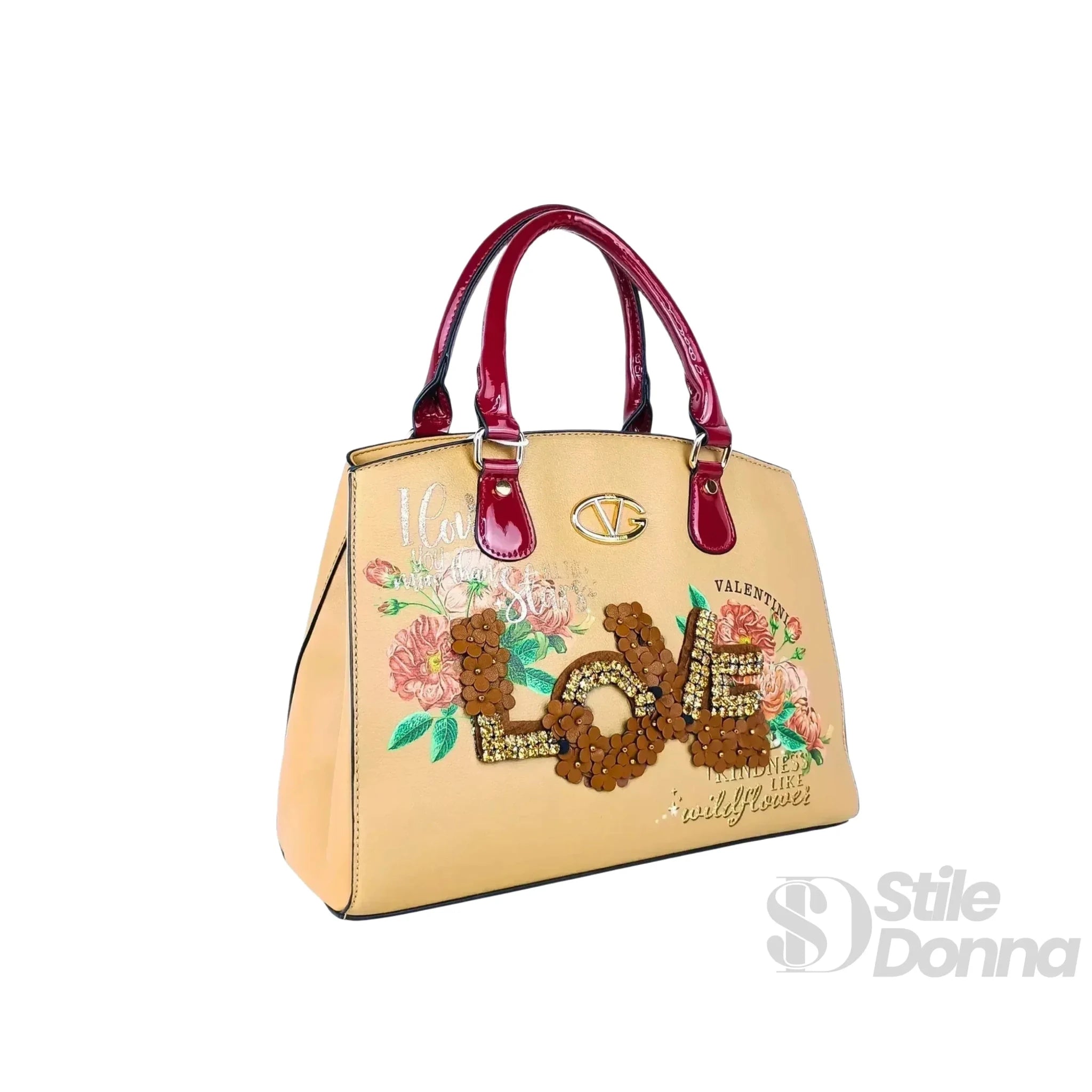 Valentini Borsa Tote in Ecopelle con Ricamo Floreale e Scritta Love in Paillettes - Stile Donna Bags