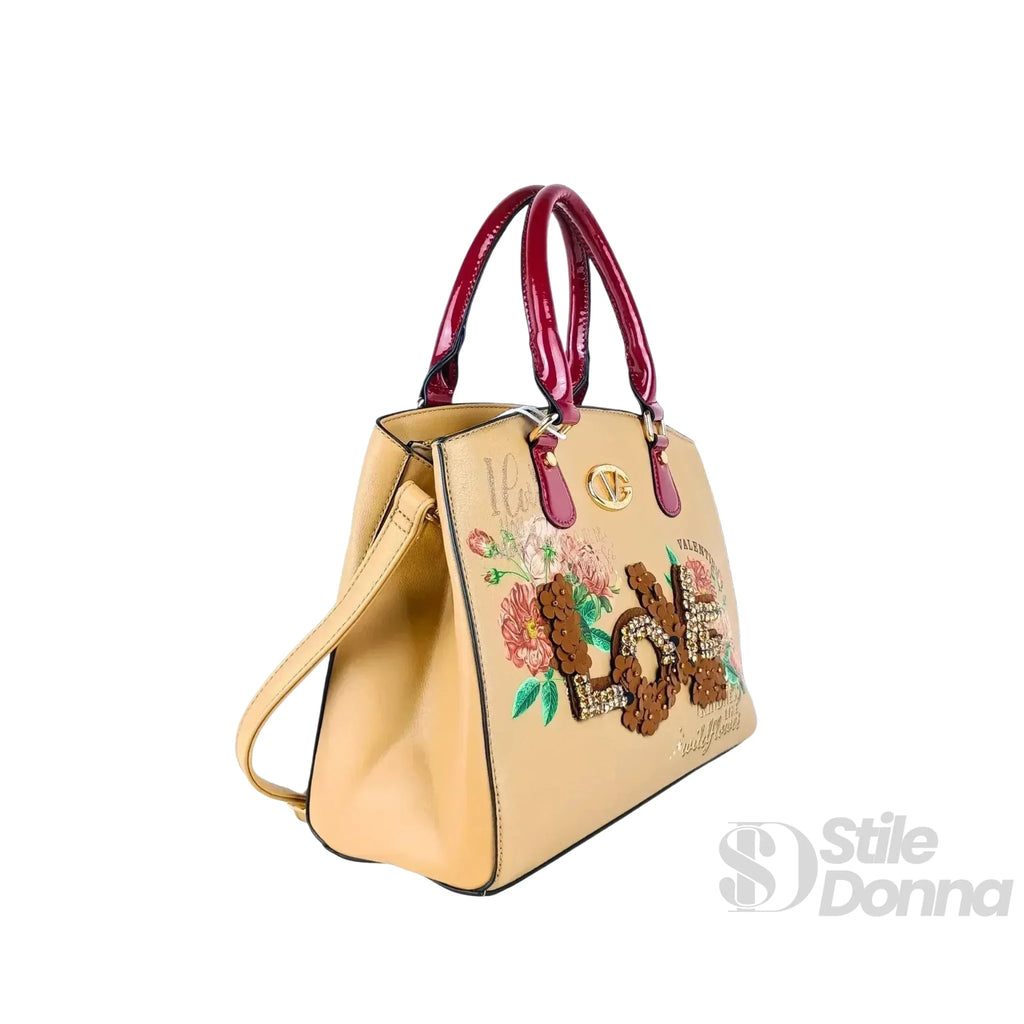 Valentini Borsa Tote in Ecopelle con Ricamo Floreale e Scritta Love in Paillettes - Stile Donna Bags