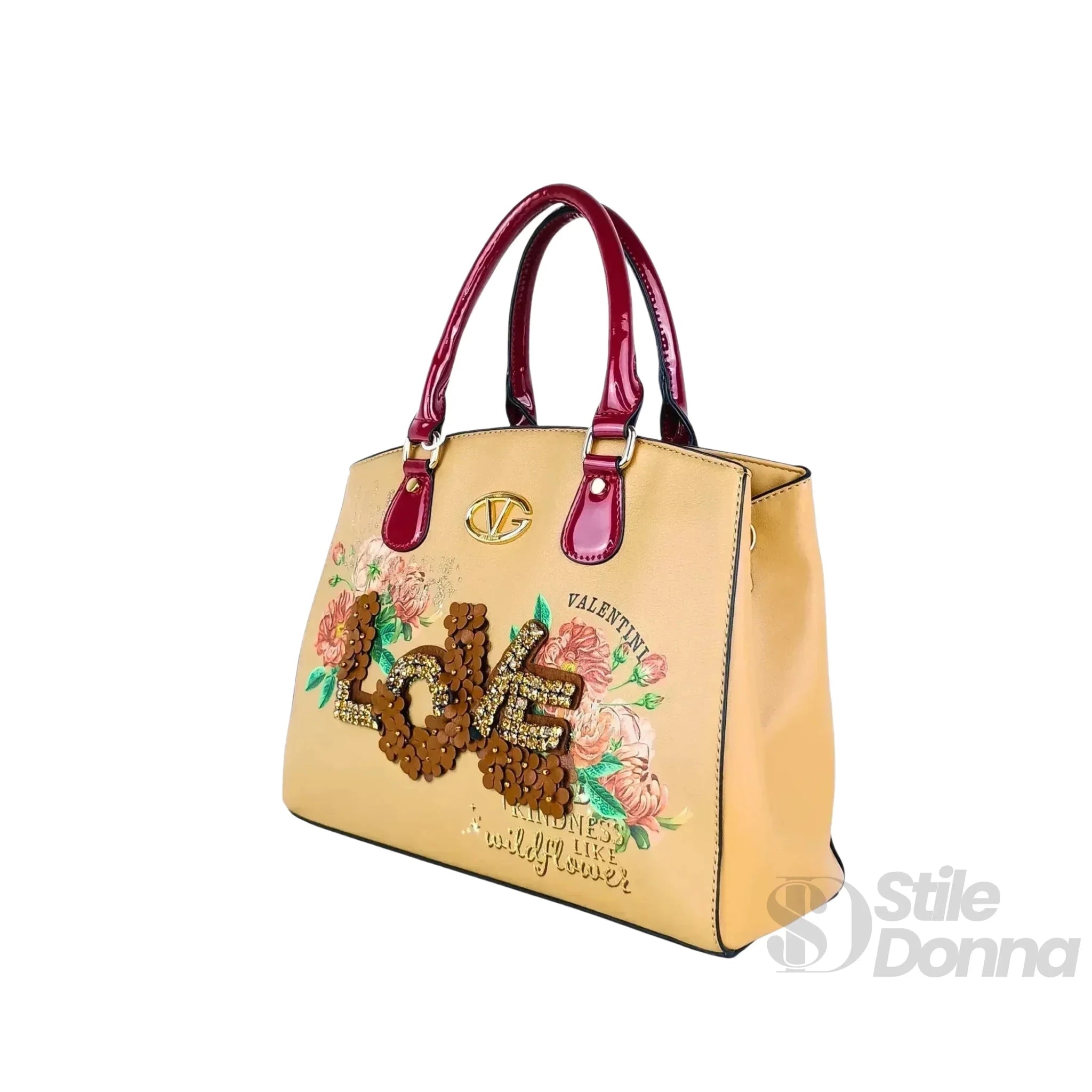 Valentini Borsa Tote in Ecopelle con Ricamo Floreale e Scritta Love in Paillettes - Stile Donna Bags
