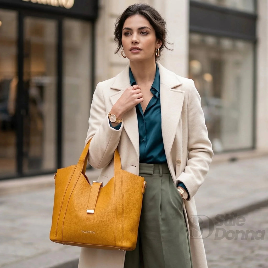 Valentini SIBI Borsa Tote in Pelle PU Giallo Senape con Finiture Dorate - Stile Donna Bags
