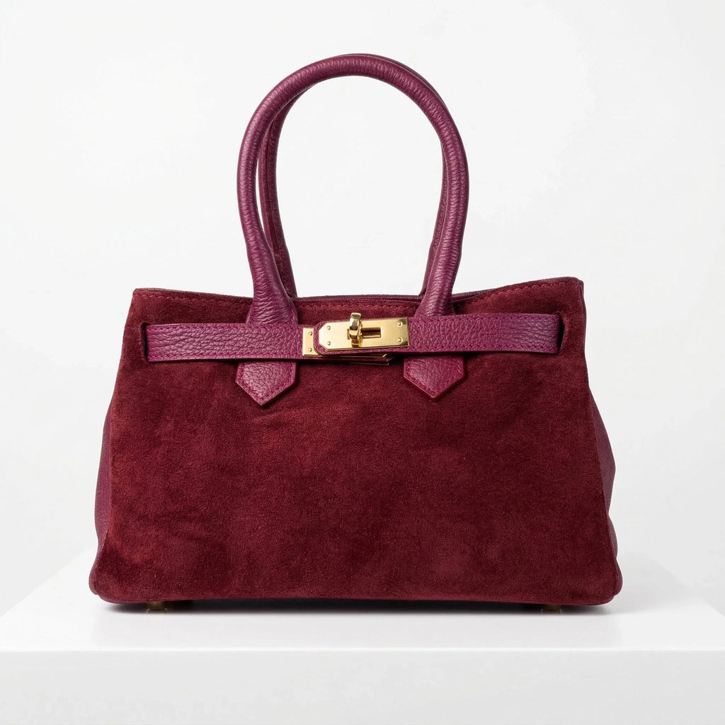 Velinara Borsa a Mano in Vera Pelle Scamosciata Bordeaux con Finiture Dorate - Stile Donna Bags