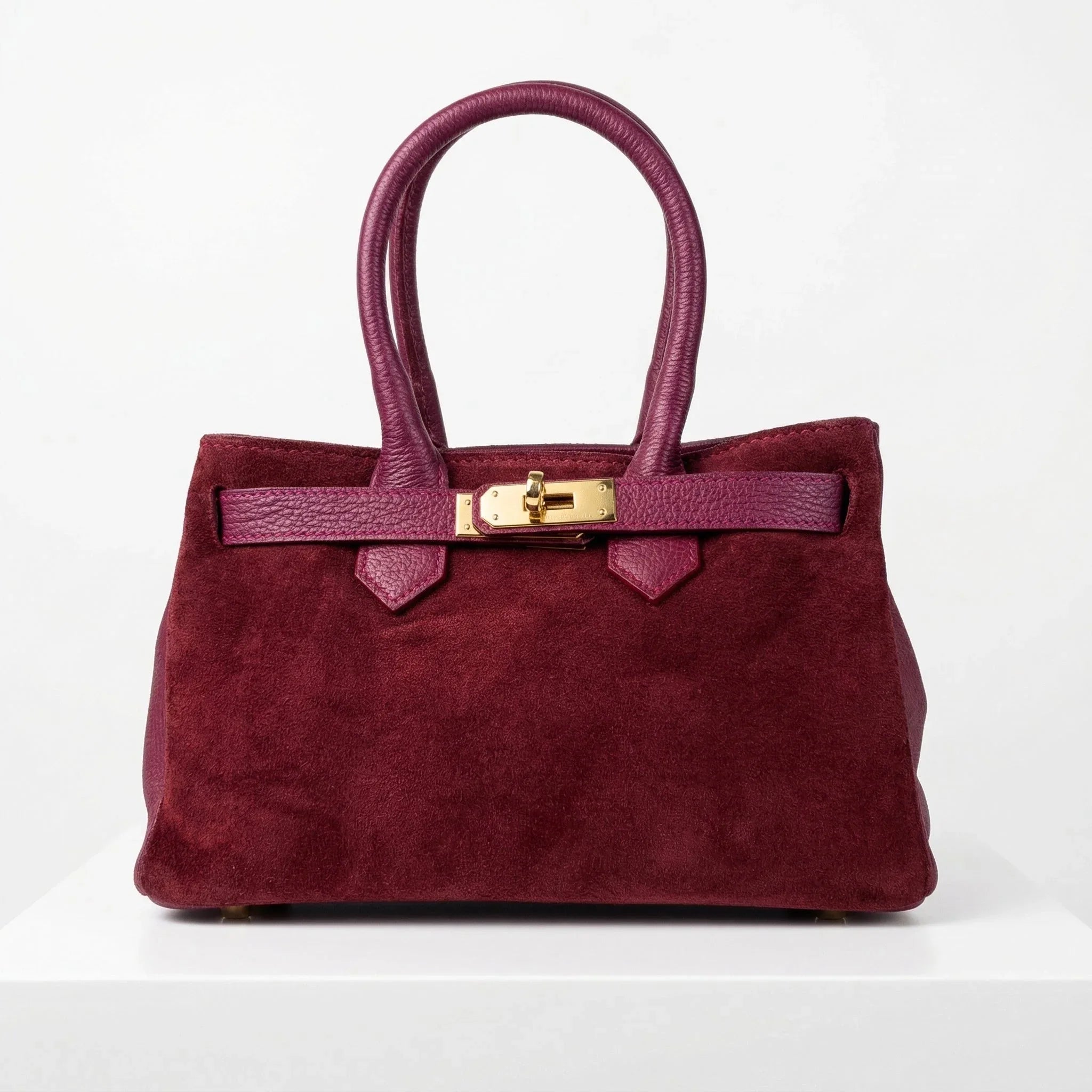 Velinara Borsa a Mano in Vera Pelle Scamosciata Bordeaux con Finiture Dorate - Stile Donna Bags