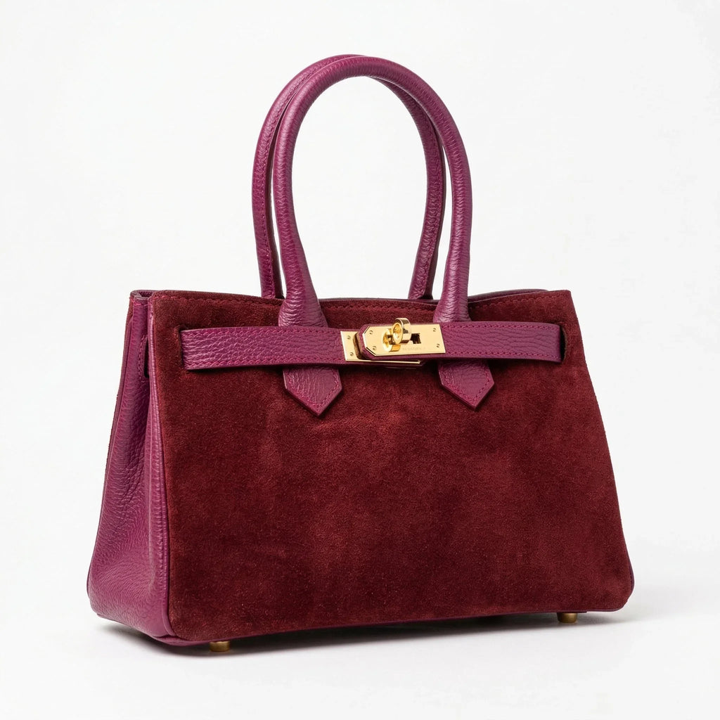 Velinara Borsa a Mano in Vera Pelle Scamosciata Bordeaux con Finiture Dorate - Stile Donna Bags
