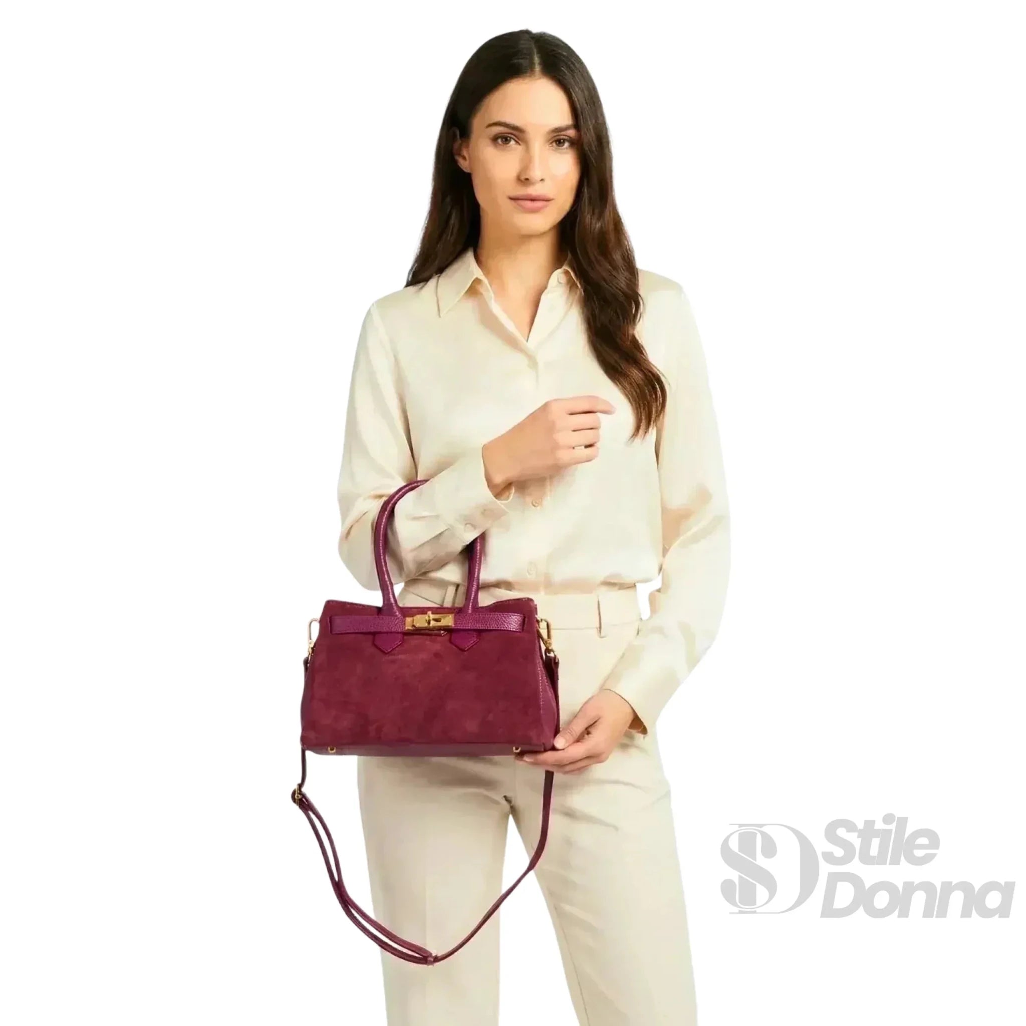 Velinara Borsa a Mano in Vera Pelle Scamosciata Bordeaux con Finiture Dorate - Stile Donna Bags