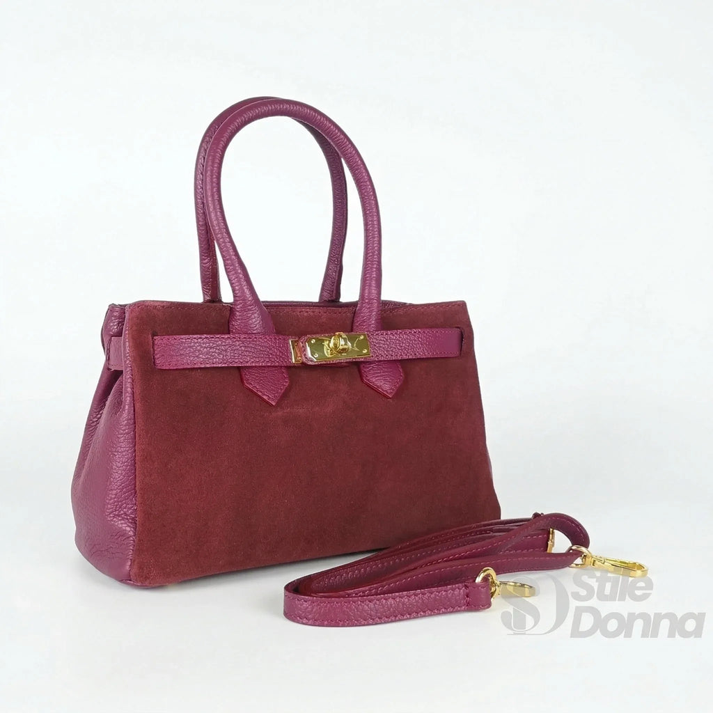 Velinara Borsa a Mano in Vera Pelle Scamosciata Bordeaux con Finiture Dorate - Stile Donna Bags