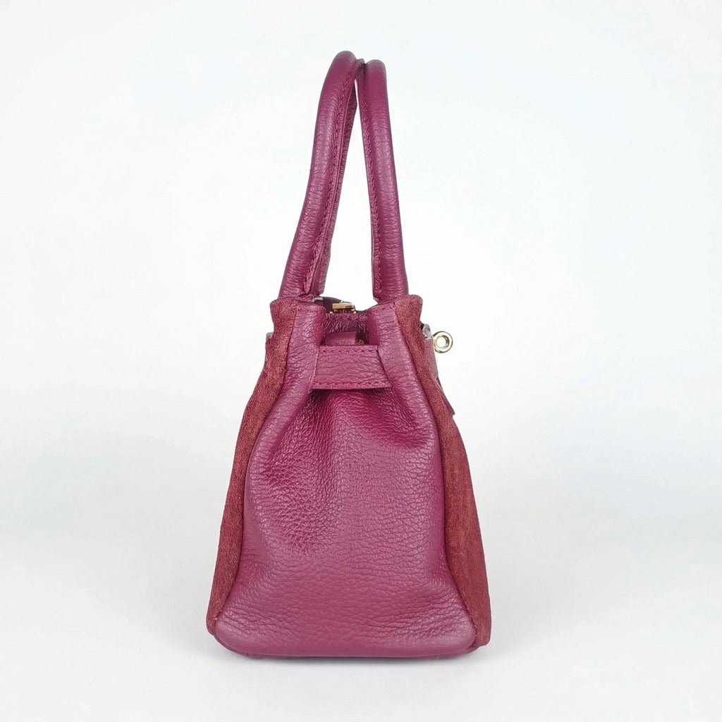 Velinara Borsa a Mano in Vera Pelle Scamosciata Bordeaux con Finiture Dorate - Stile Donna Bags
