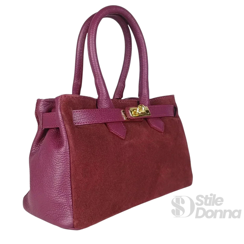 Velinara Borsa a Mano in Vera Pelle Scamosciata Bordeaux con Finiture Dorate - Stile Donna Bags