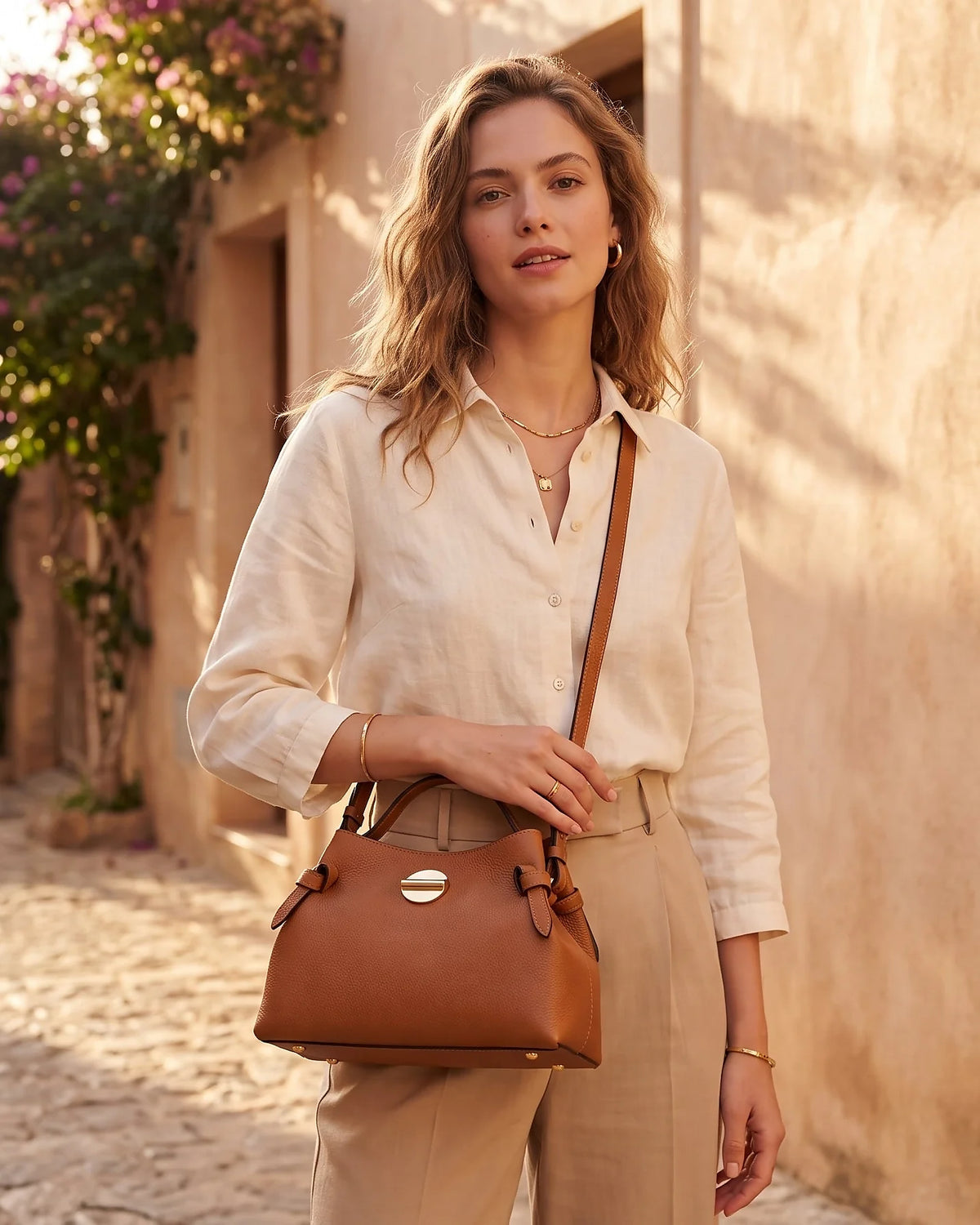 una donna che tiene in mano una borsa di pelle