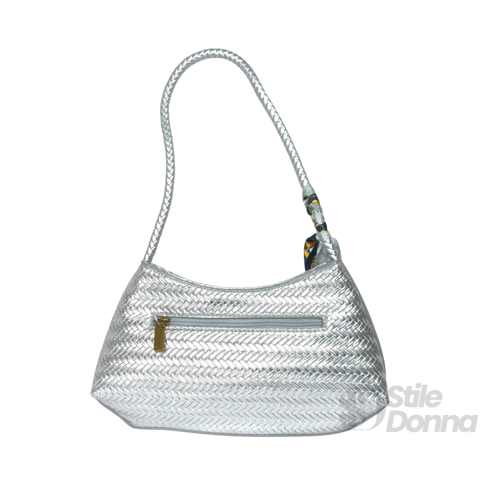 YY Coveri Borsa Intrecciata Argentata in Ecopelle con Sciarpa Decorativa - Stile Donna Bags