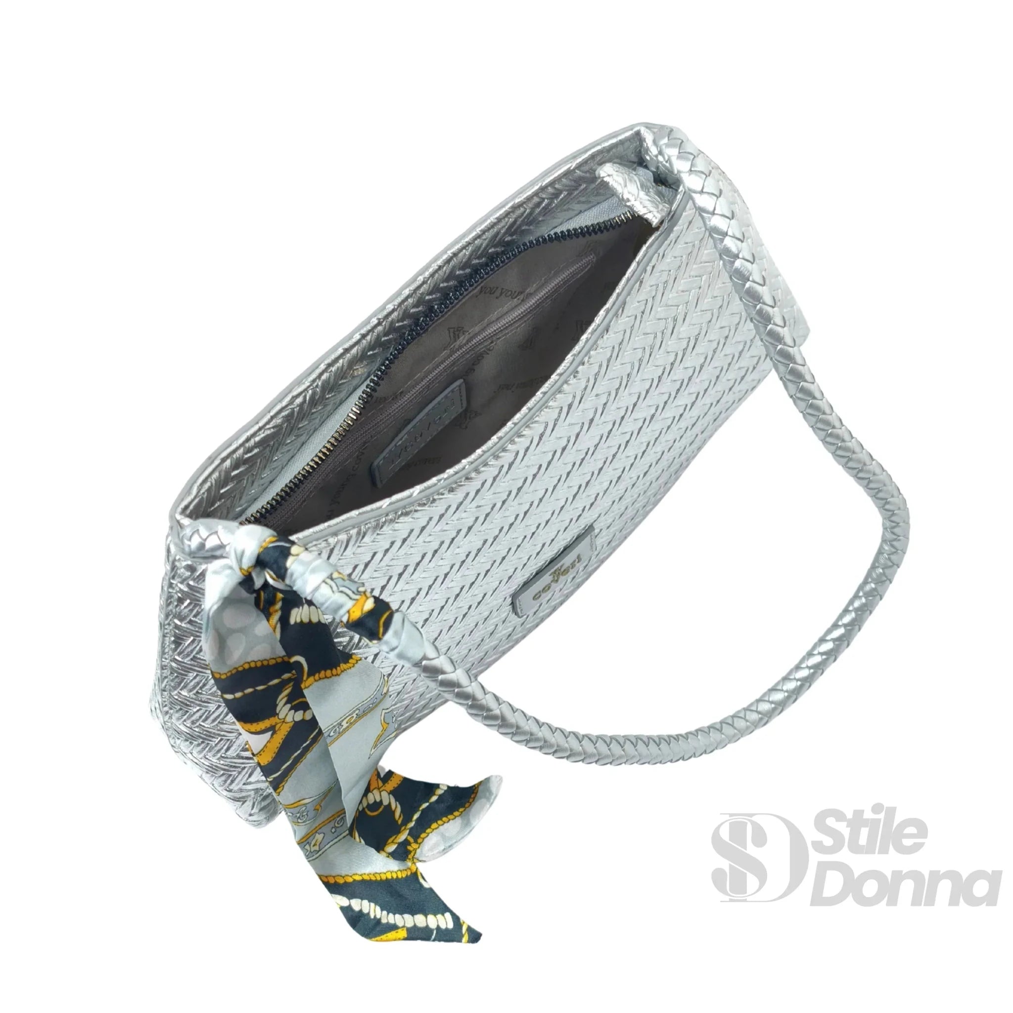 YY Coveri Borsa Intrecciata Argentata in Ecopelle con Sciarpa Decorativa - Stile Donna Bags