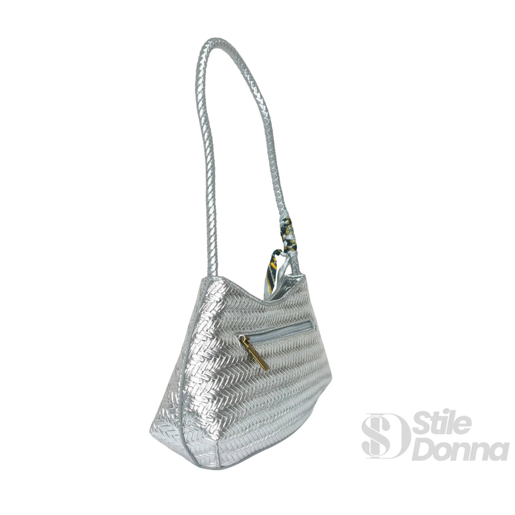 YY Coveri Borsa Intrecciata Argentata in Ecopelle con Sciarpa Decorativa - Stile Donna Bags