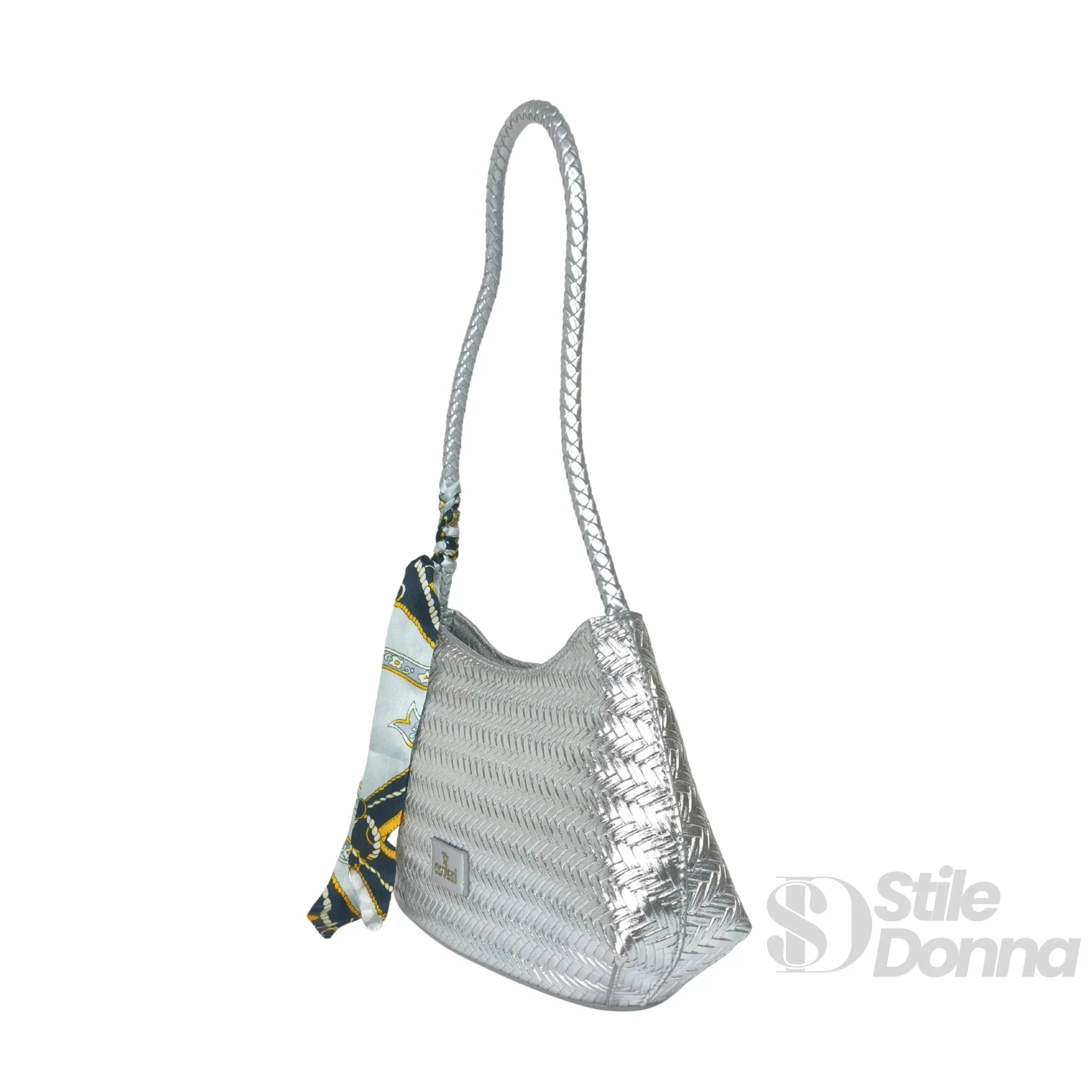YY Coveri Borsa Intrecciata Argentata in Ecopelle con Sciarpa Decorativa - Stile Donna Bags