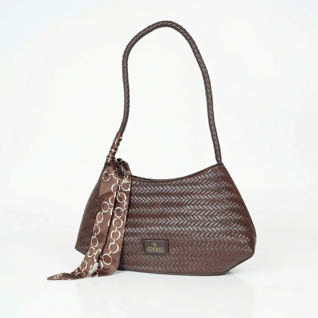 YY Coveri Borsa Intrecciata Argentata in Ecopelle con Sciarpa Decorativa - Stile Donna Bags