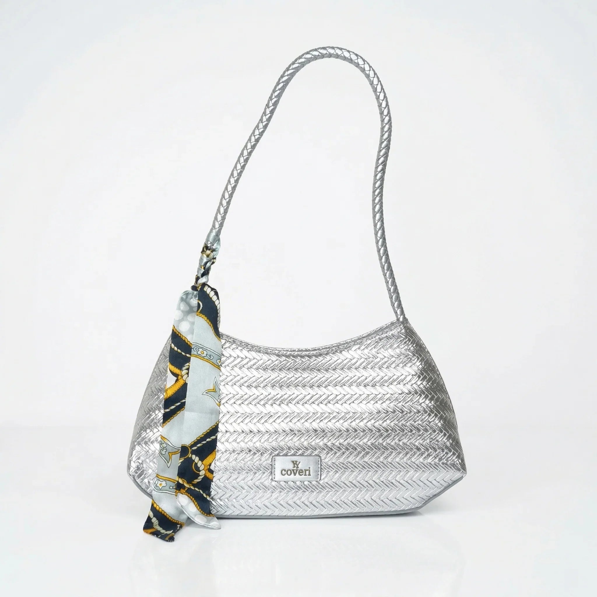 YY Coveri Borsa Intrecciata Argentata in Ecopelle con Sciarpa Decorativa - Stile Donna Bags