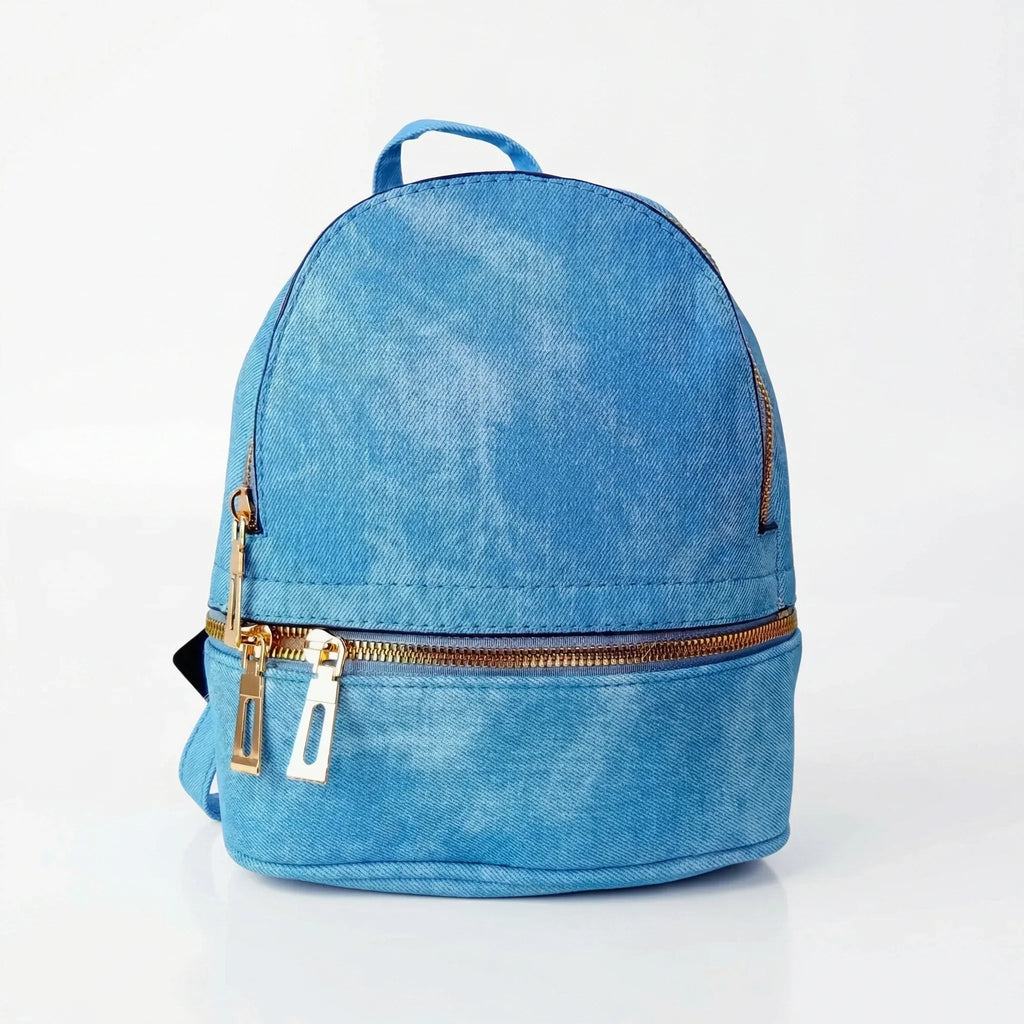Zaino Mini in Denim Blu con Zip Oro - Stile Donna Bags