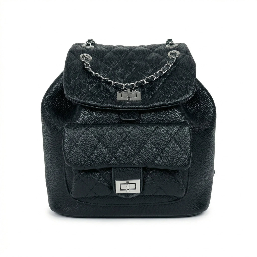 Zaino Trapuntato in Ecopelle Nera con Dettaglio a Catena - Stile Donna Bags