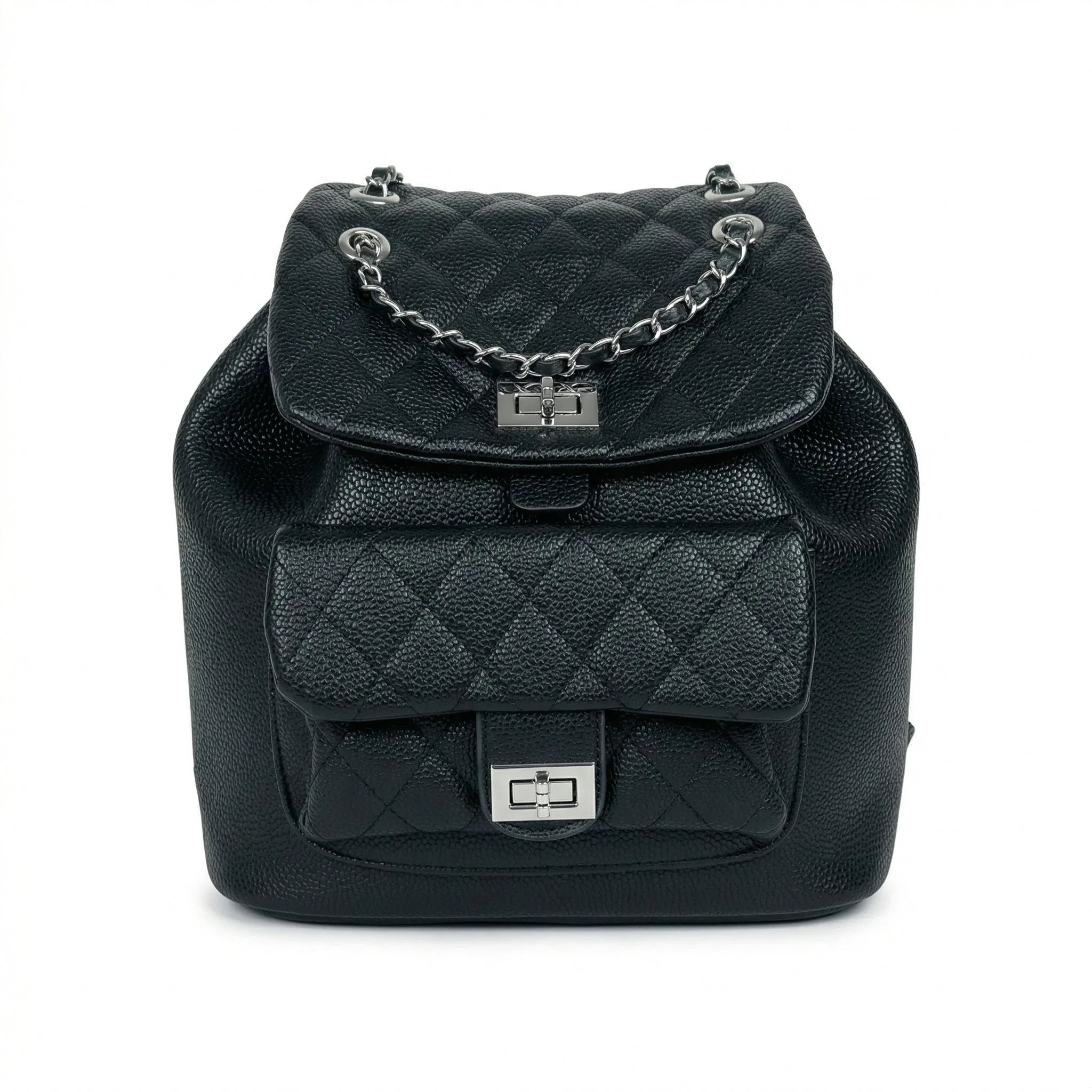 Zaino Trapuntato in Ecopelle Nera con Dettaglio a Catena - Stile Donna Bags